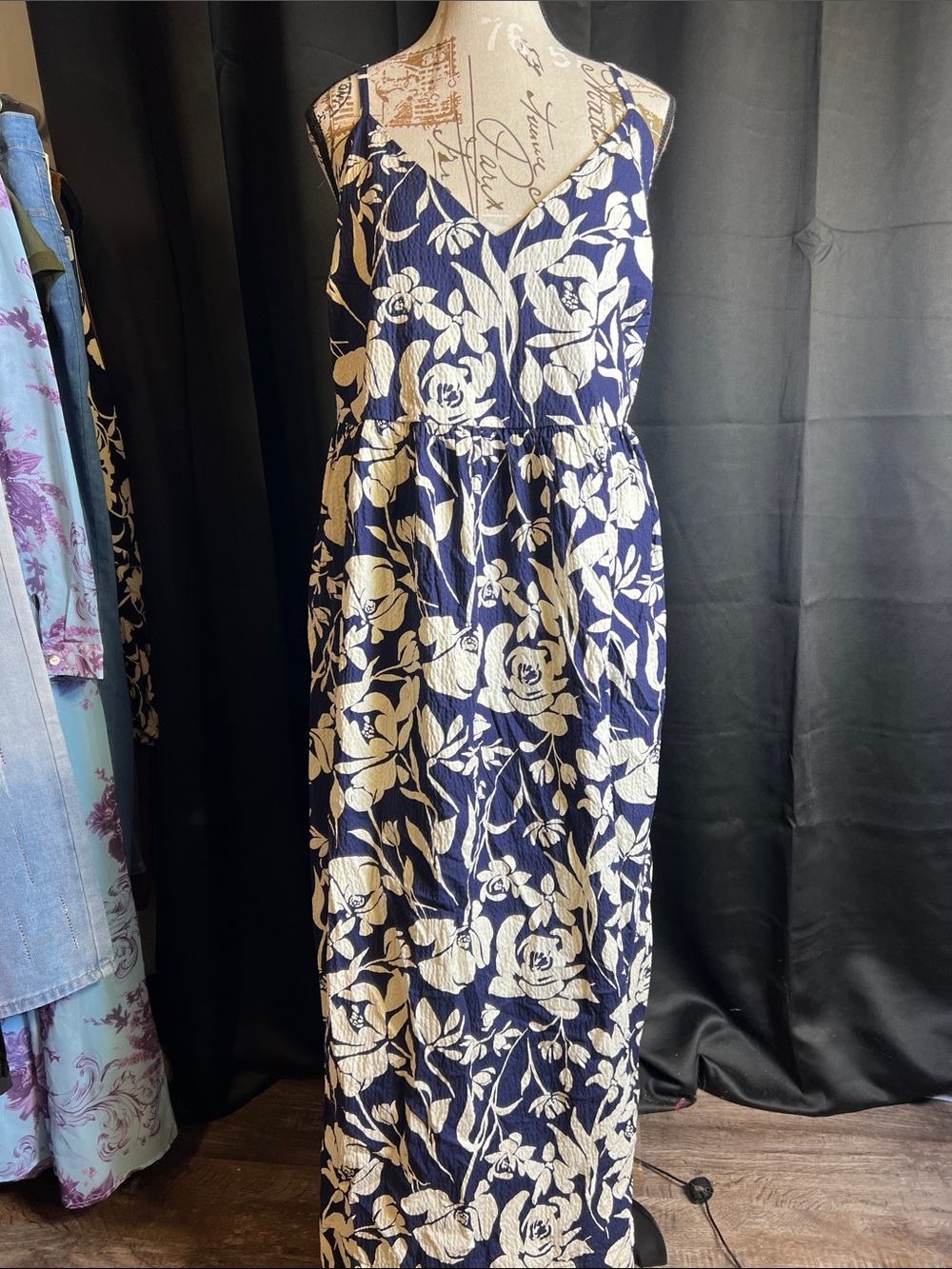Navy and White Floral V-Neck Maxi Dress